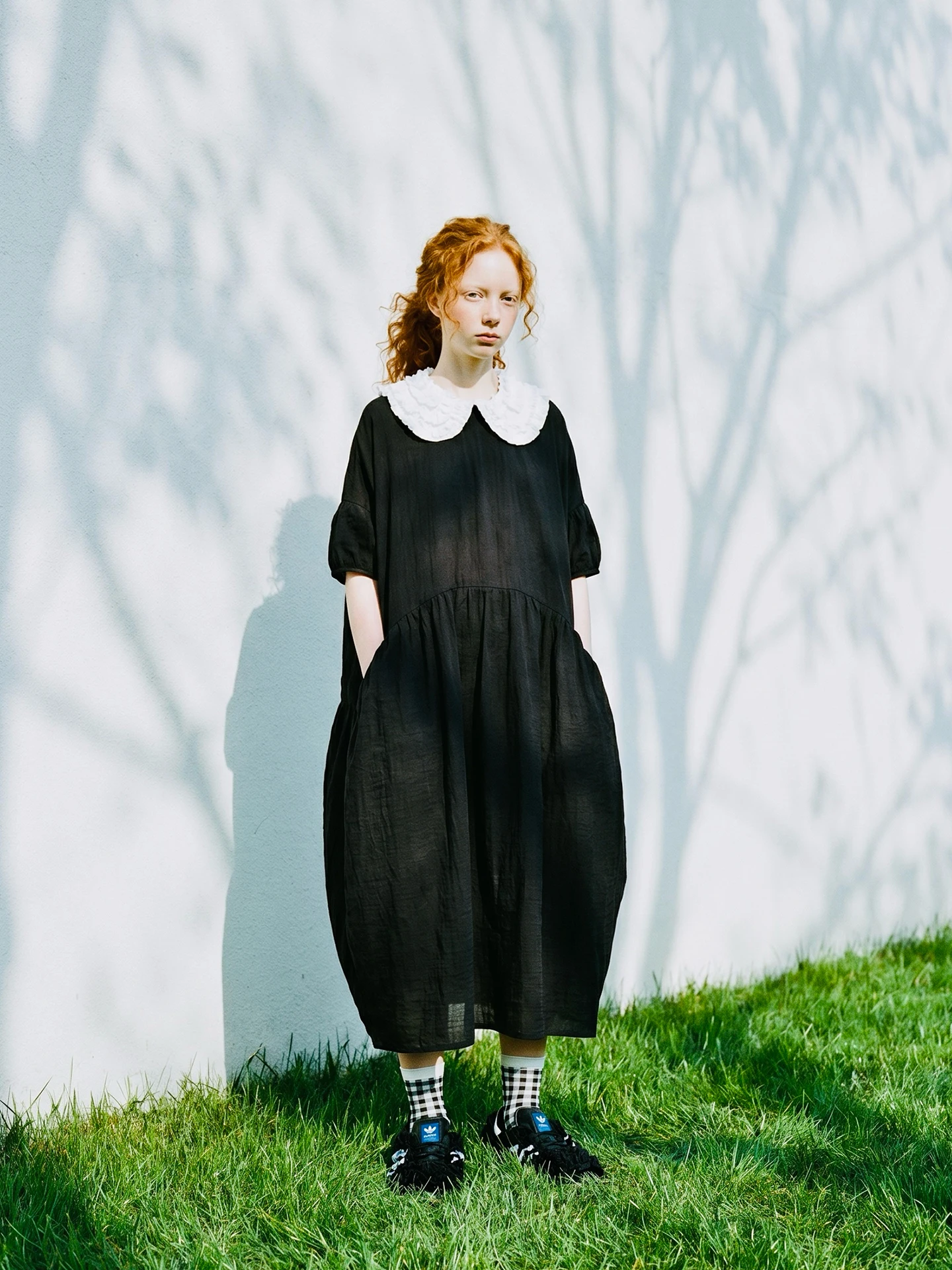 imakokoni original summer black age reducing dress, women's artistic slightly wrinkled texture, doll neck casual dress 265581