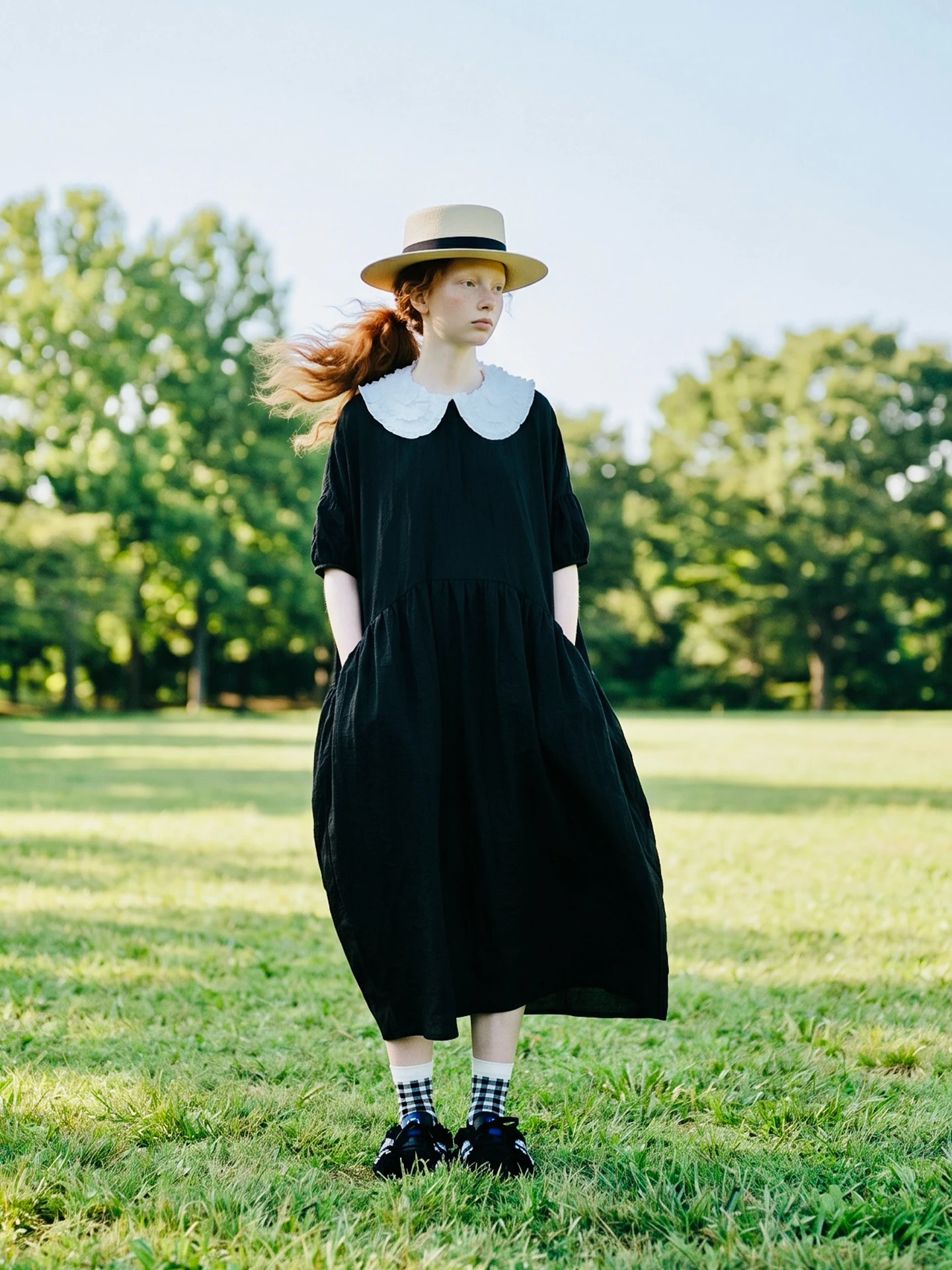 imakokoni original summer black age reducing dress, women's artistic slightly wrinkled texture, doll neck casual dress 265581