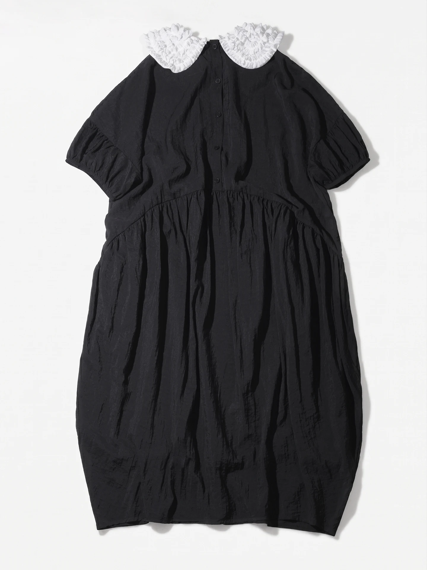 imakokoni original summer black age reducing dress, women's artistic slightly wrinkled texture, doll neck casual dress 265581