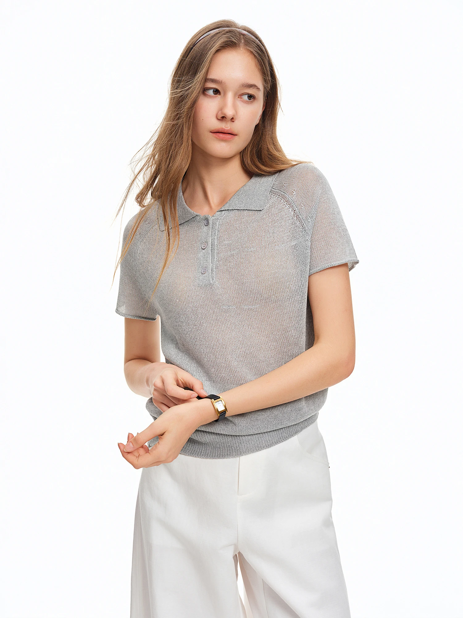 DUSHU Women 【Elegant Summer Elegance】 POLO Collar Knit 2026 Summer New Arrival Chic Casual Style Short Sleeve Top Loose T-shirt