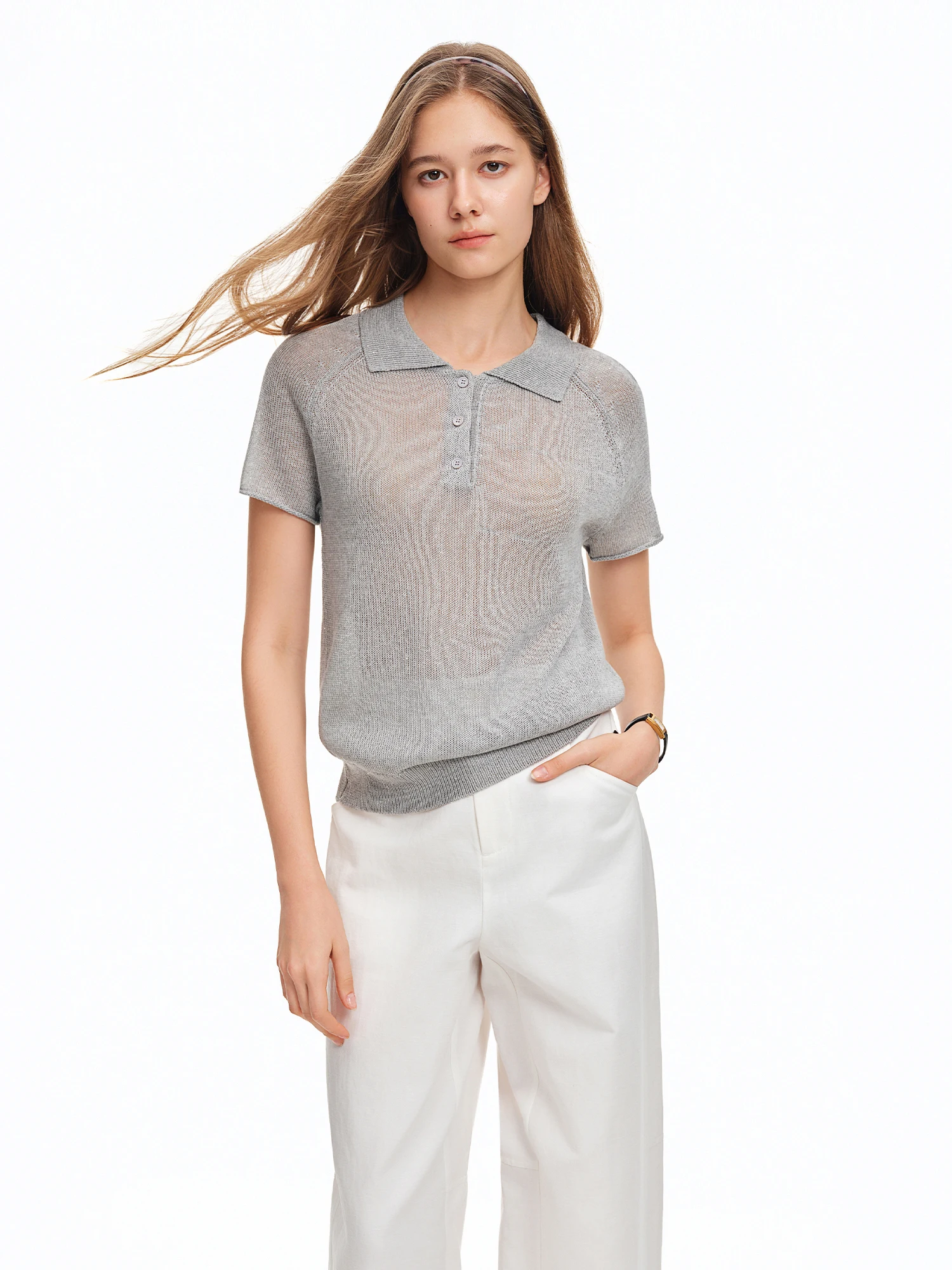 DUSHU Women 【Elegant Summer Elegance】 POLO Collar Knit 2026 Summer New Arrival Chic Casual Style Short Sleeve Top Loose T-shirt