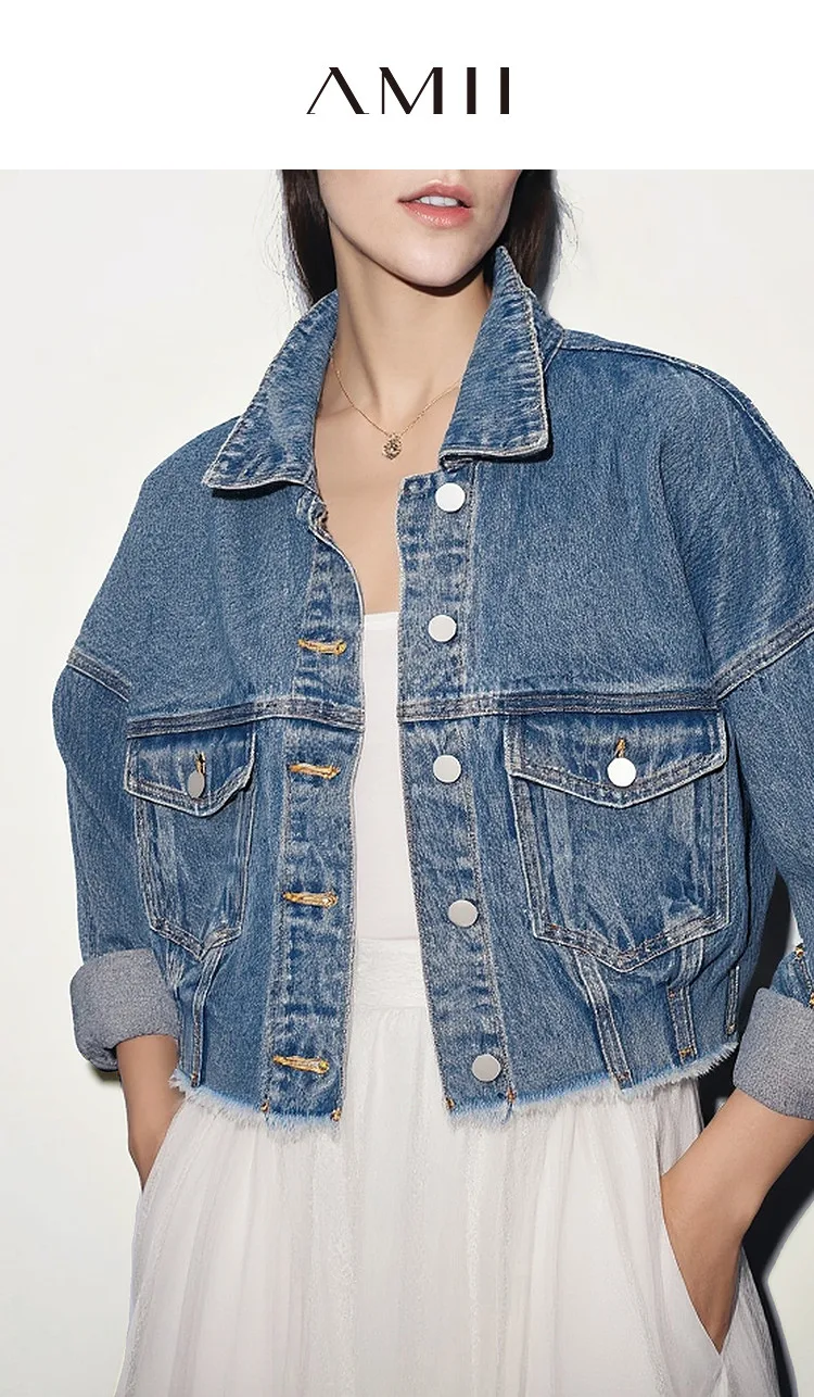 Amii Minimalism Women Jackets 2026 Autumn New Casual Versatile Pocket Women's Denim Jacket Short Loose Cotton Top 12611029