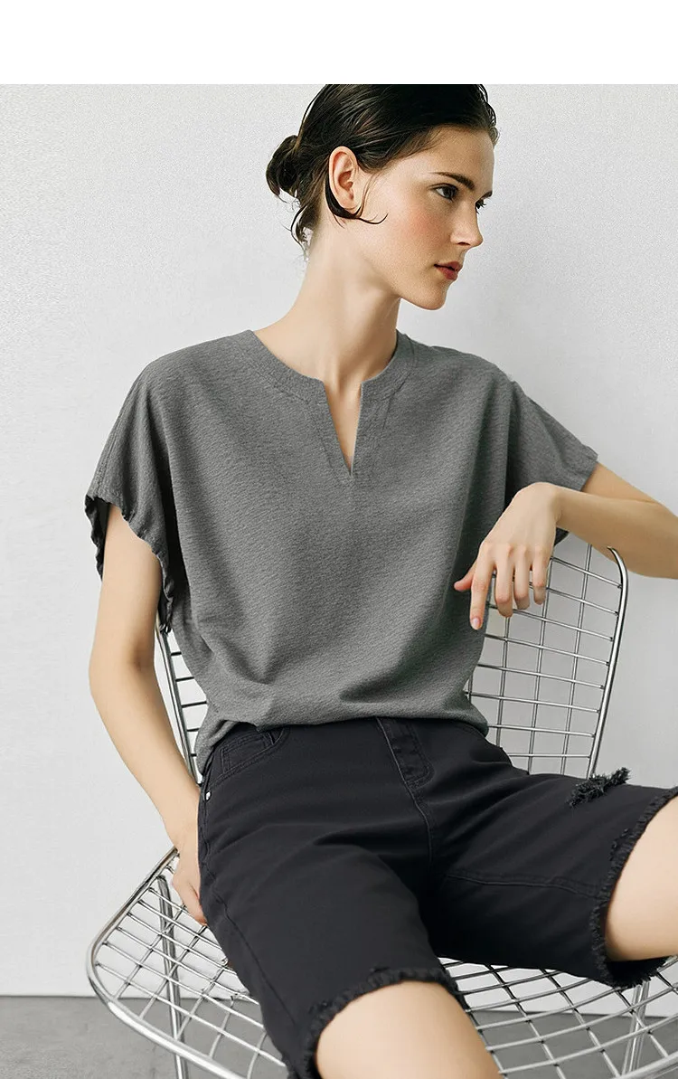 Amii V-Neck Women's T-Shirt 2026 Summer New Adjustable Cuff Stretch Tee Loose Casual Dolman Short Sleeve Top For Women 12622182