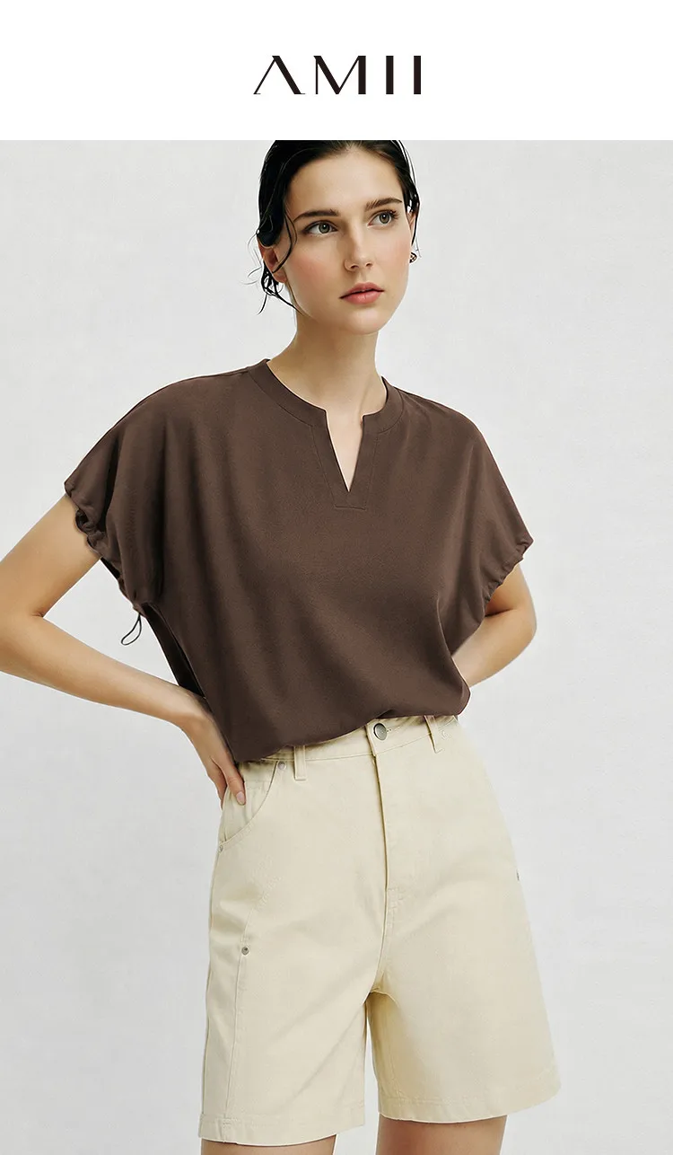 Amii V-Neck Women's T-Shirt 2026 Summer New Adjustable Cuff Stretch Tee Loose Casual Dolman Short Sleeve Top For Women 12622182