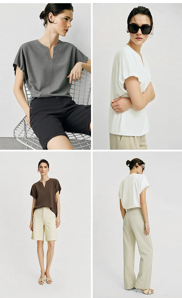Amii V-Neck Women's T-Shirt 2026 Summer New Adjustable Cuff Stretch Tee Loose Casual Dolman Short Sleeve Top For Women 12622182