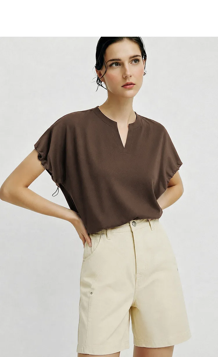 Amii V-Neck Women's T-Shirt 2026 Summer New Adjustable Cuff Stretch Tee Loose Casual Dolman Short Sleeve Top For Women 12622182