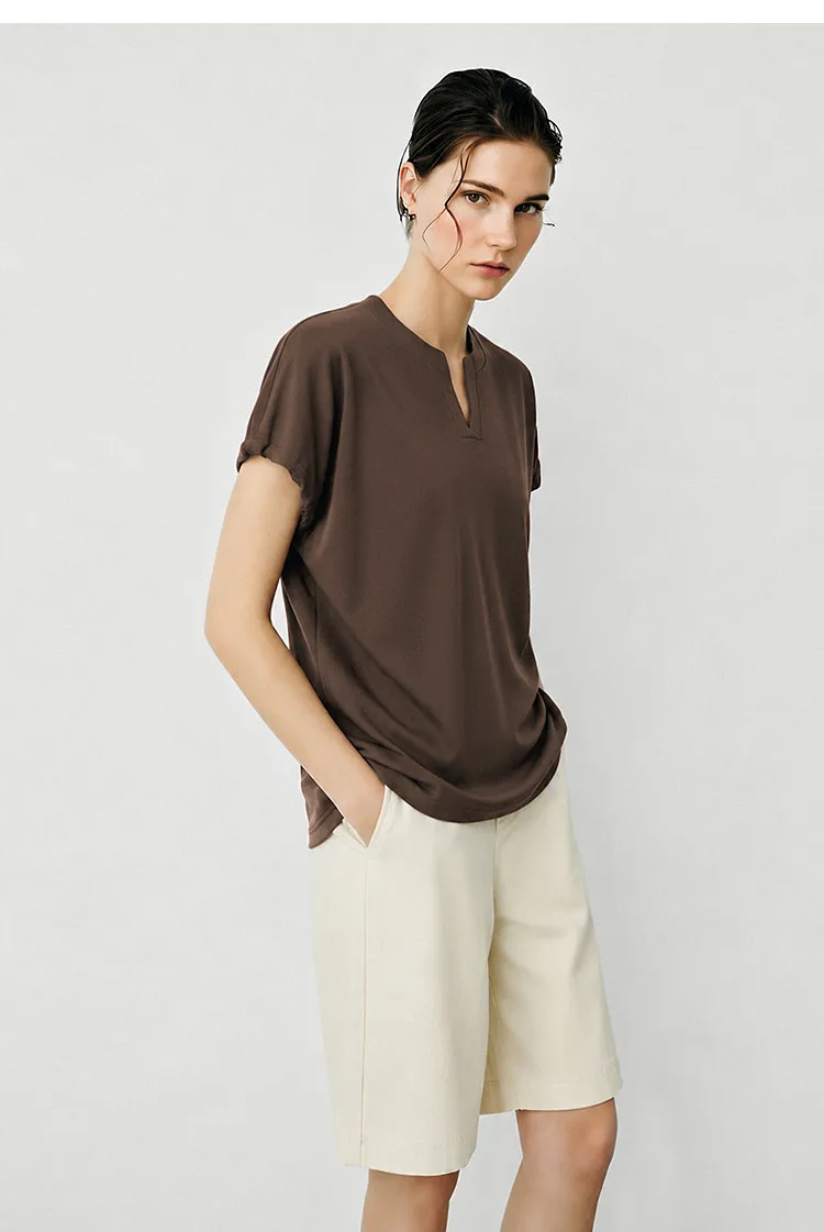Amii V-Neck Women's T-Shirt 2026 Summer New Adjustable Cuff Stretch Tee Loose Casual Dolman Short Sleeve Top For Women 12622182