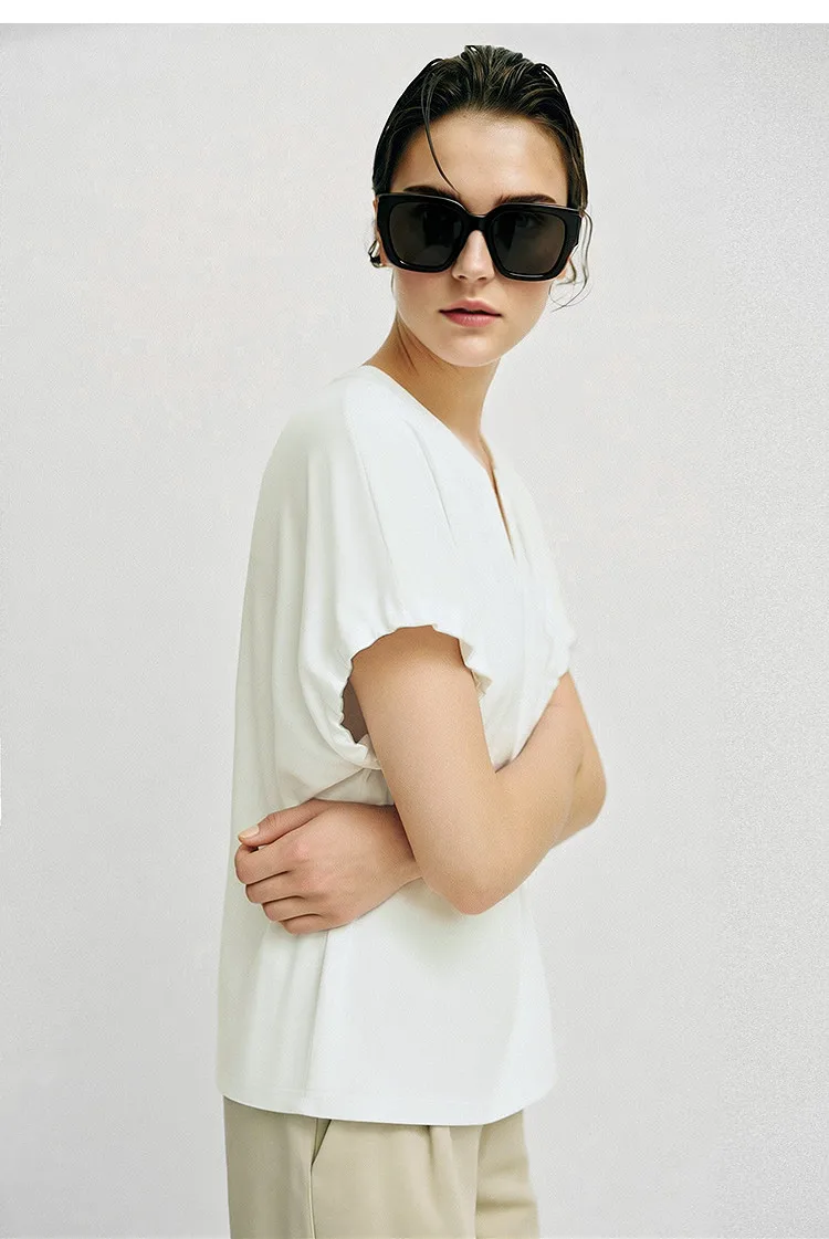 Amii V-Neck Women's T-Shirt 2026 Summer New Adjustable Cuff Stretch Tee Loose Casual Dolman Short Sleeve Top For Women 12622182