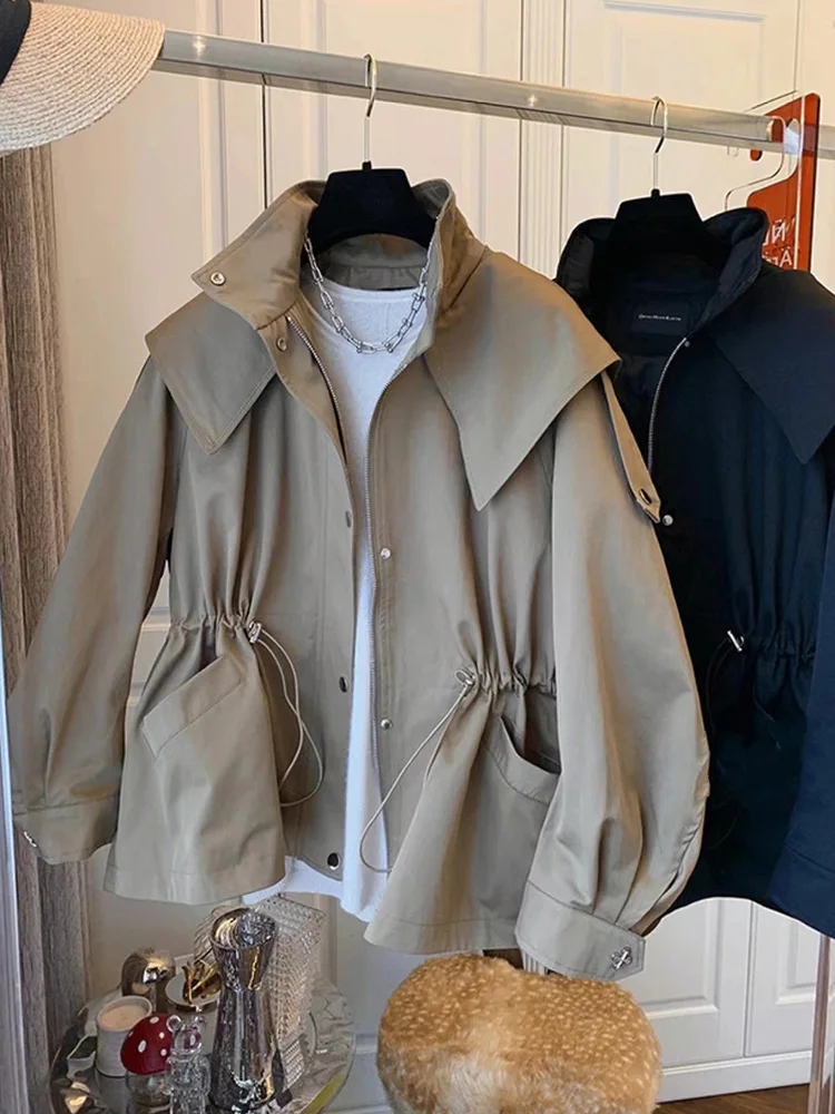 Aynaray 2026 Women Oversized Hooded Short Trench Jacket Solid Waist Drawstring Outerwear Windbreaker Utility Jacket Hoodies Coat