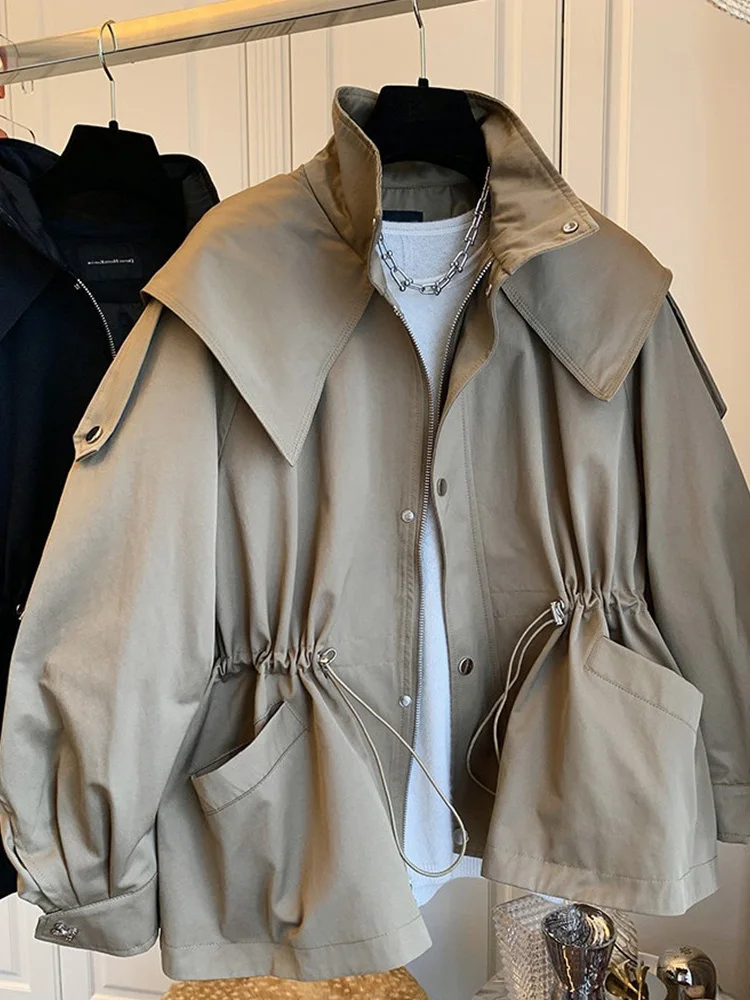 Aynaray 2026 Women Oversized Hooded Short Trench Jacket Solid Waist Drawstring Outerwear Windbreaker Utility Jacket Hoodies Coat