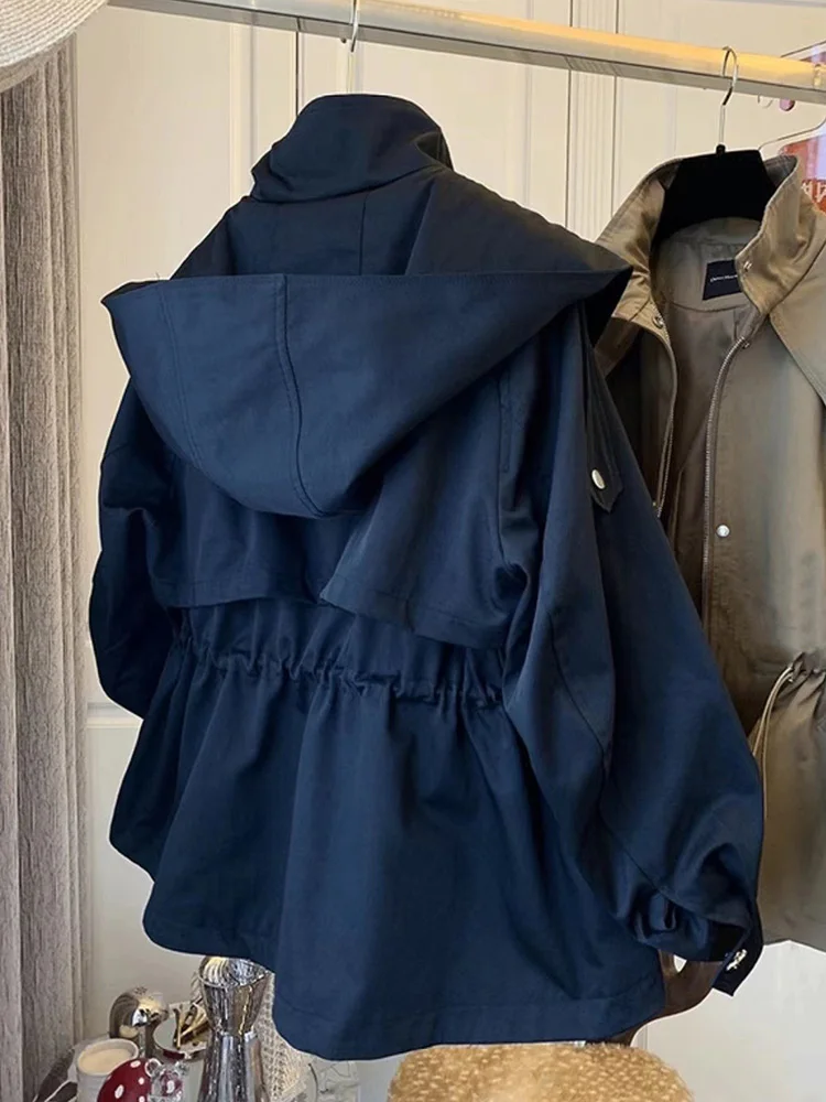 Aynaray 2026 Women Oversized Hooded Short Trench Jacket Solid Waist Drawstring Outerwear Windbreaker Utility Jacket Hoodies Coat