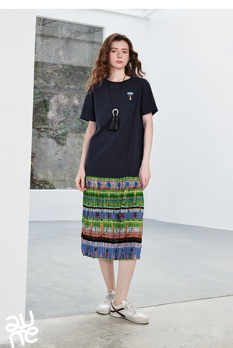 TOYOUTH Women Gong Zhang Zhang Collaboration Dress 2026 Summer New Quirky Vacation Artistic Patchwork T-Shirt Dress