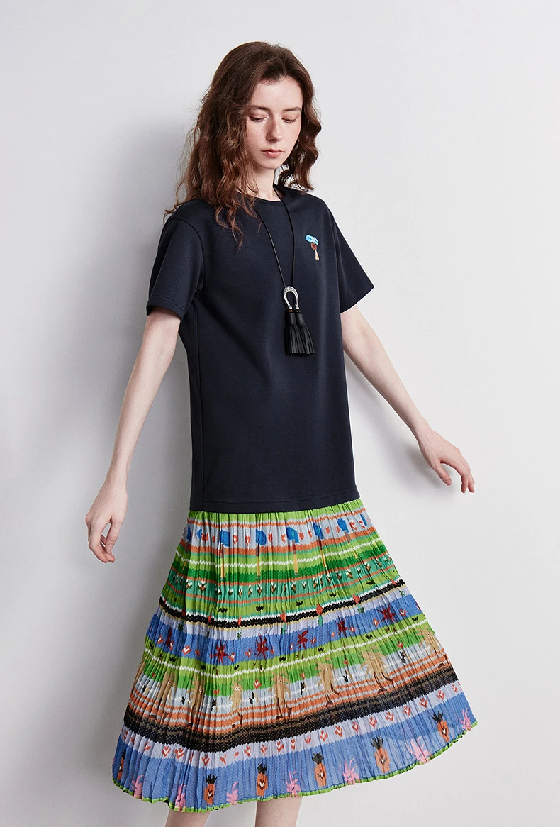 TOYOUTH Women Gong Zhang Zhang Collaboration Dress 2026 Summer New Quirky Vacation Artistic Patchwork T-Shirt Dress