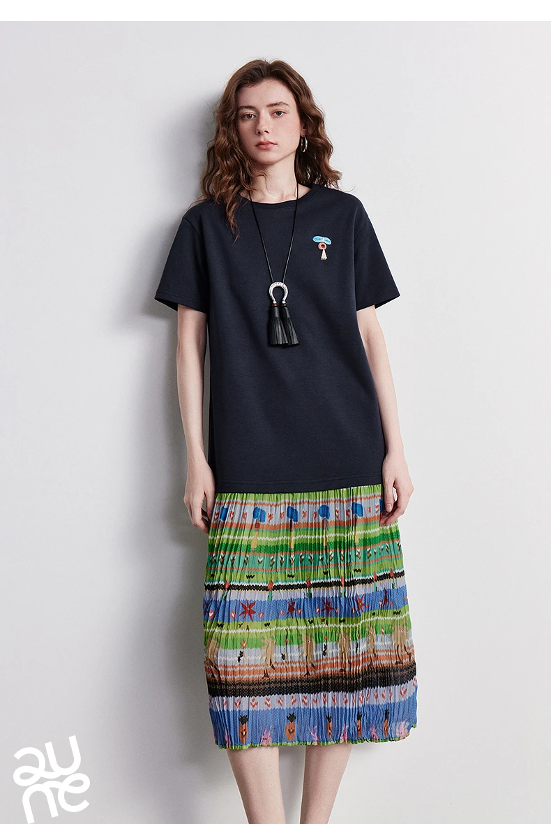 TOYOUTH Women Gong Zhang Zhang Collaboration Dress 2026 Summer New Quirky Vacation Artistic Patchwork T-Shirt Dress