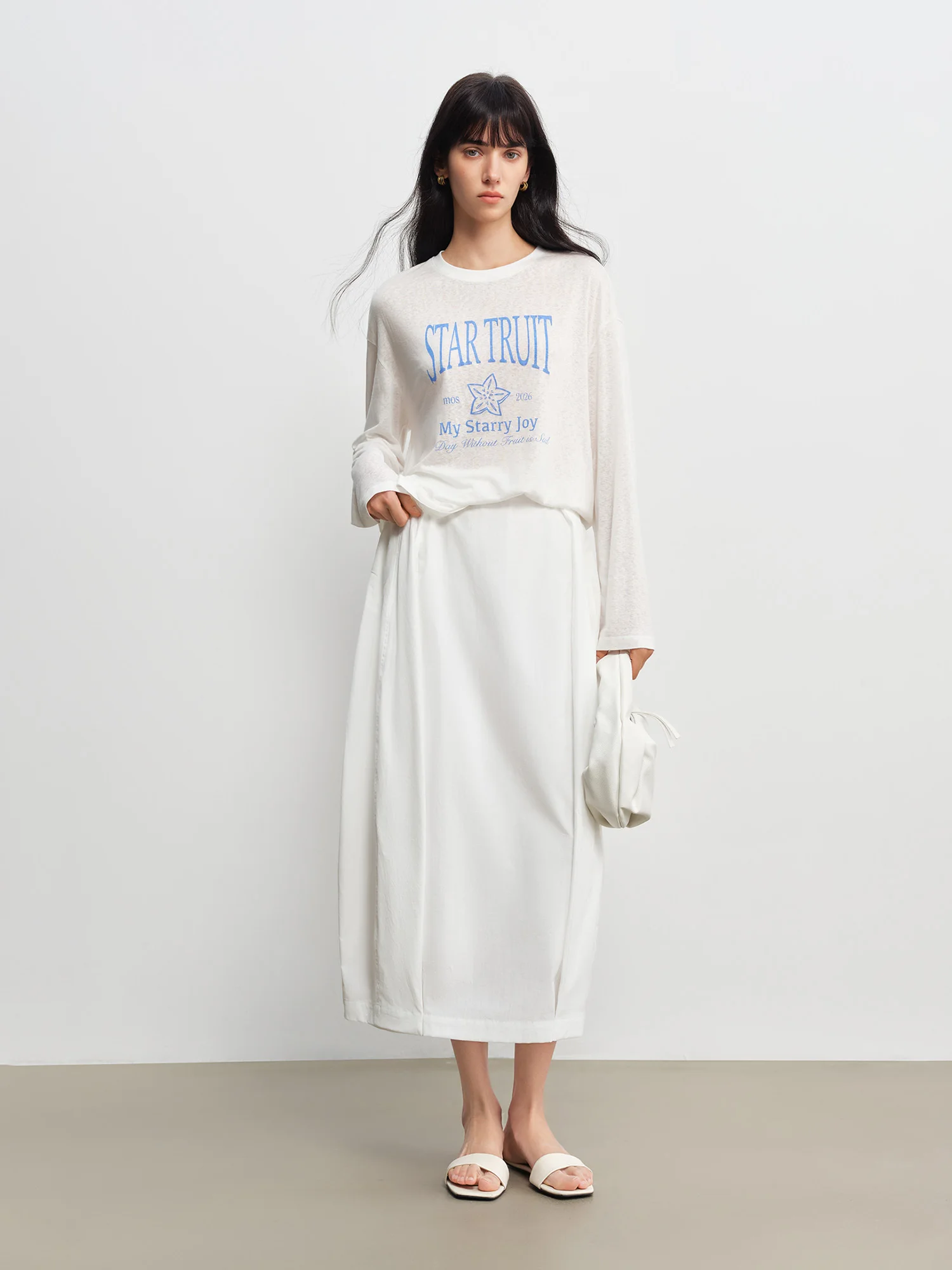ZIQIAO 2026 Spring Women's White Sculptural Bud Skirt - Mid-Length A-Line Floral-Inspired Design for Casual and Date Wear