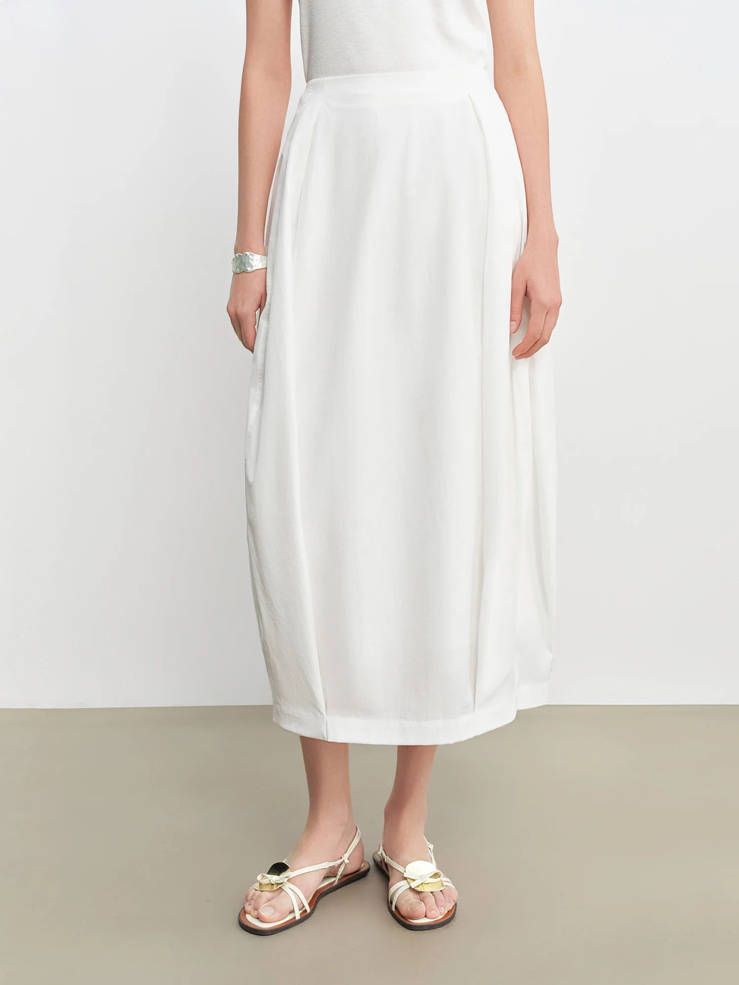 ZIQIAO 2026 Spring Women's White Sculptural Bud Skirt - Mid-Length A-Line Floral-Inspired Design for Casual and Date Wear