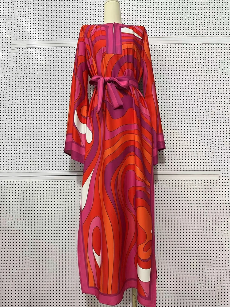 Designer style women's clothing, retro, geometric, positioning print, pullover dress, fashionable, loose, plus-size, slit skirt