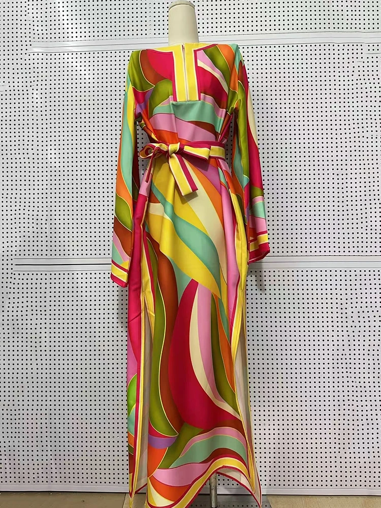 Designer style women's clothing, retro, geometric, positioning print, pullover dress, fashionable, loose, plus-size, slit skirt