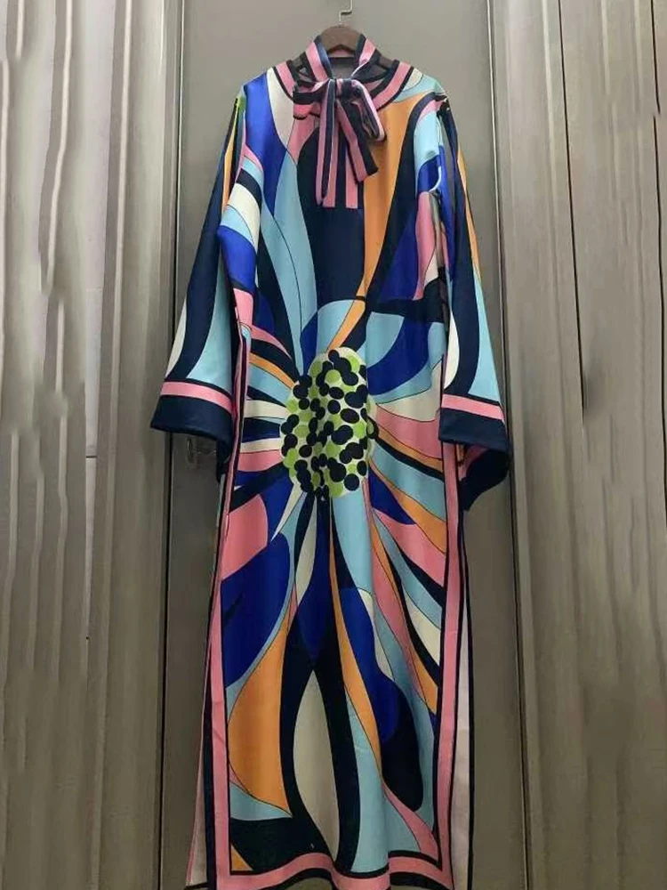 Designer style women's clothing, retro, geometric, positioning print, pullover dress, fashionable, loose, plus-size, slit skirt
