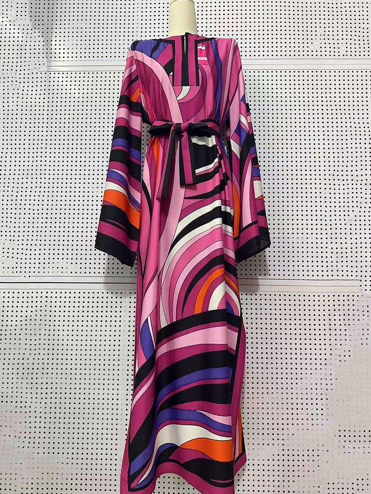 Designer style women's clothing, retro, geometric, positioning print, pullover dress, fashionable, loose, plus-size, slit skirt
