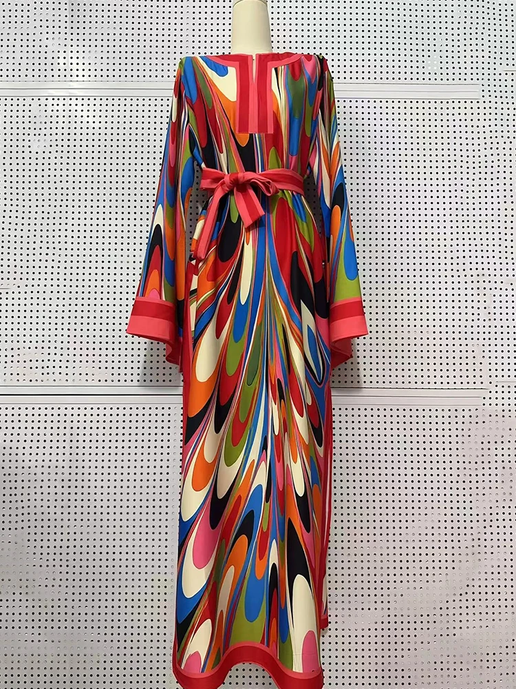 Designer style women's clothing, retro, geometric, positioning print, pullover dress, fashionable, loose, plus-size, slit skirt