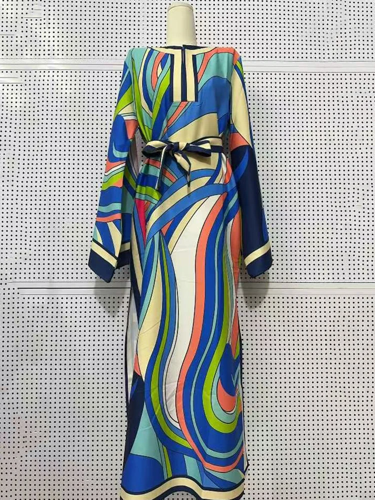 Designer style women's clothing, retro, geometric, positioning print, pullover dress, fashionable, loose, plus-size, slit skirt
