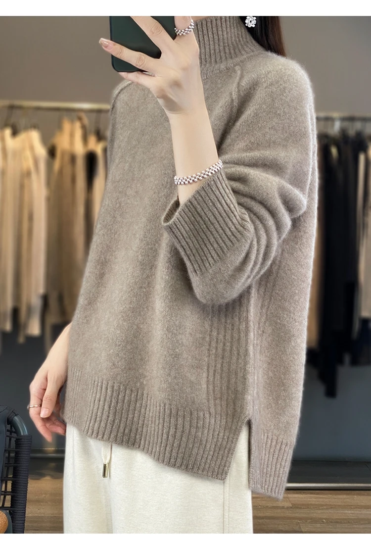 Women's High-Necked Cashmere Sweater 100% Soft Wool Thickened Lazy Raglan Sweater with Slit for Autumn Winter Comfortable Waxy W