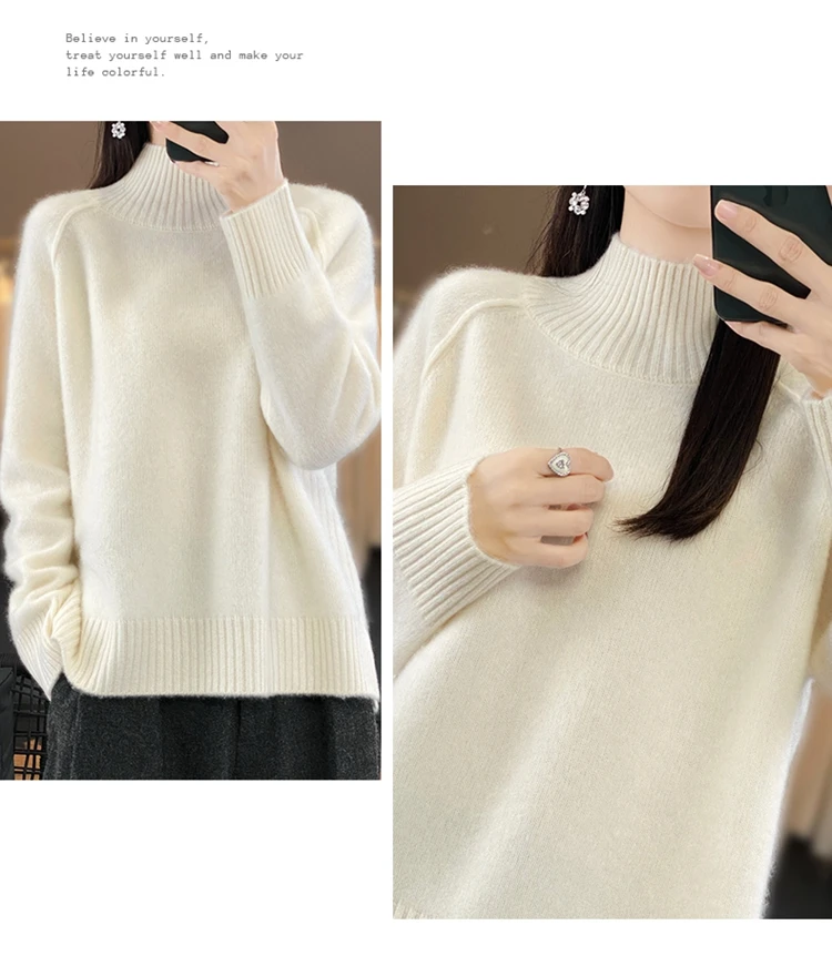 Women's High-Necked Cashmere Sweater 100% Soft Wool Thickened Lazy Raglan Sweater with Slit for Autumn Winter Comfortable Waxy W