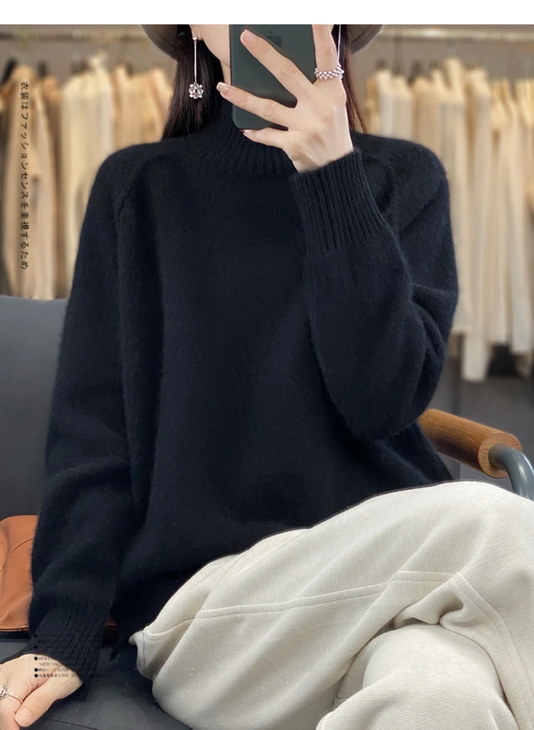 Women's High-Necked Cashmere Sweater 100% Soft Wool Thickened Lazy Raglan Sweater with Slit for Autumn Winter Comfortable Waxy W