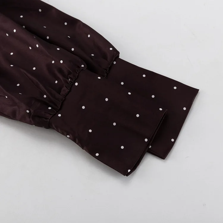 Two Piece Skirt Set Printed Polka Dot Satin Skirt Set Women's Long Sleeved Lace Up Shirt+high WAIST Midi Skirt Set