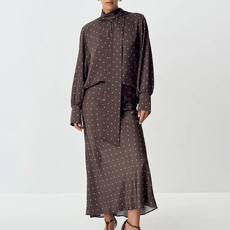 Two Piece Skirt Set Printed Polka Dot Satin Skirt Set Women's Long Sleeved Lace Up Shirt+high WAIST Midi Skirt Set