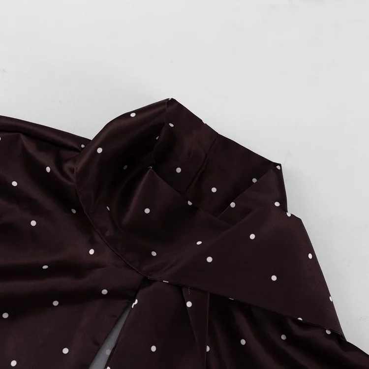 Two Piece Skirt Set Printed Polka Dot Satin Skirt Set Women's Long Sleeved Lace Up Shirt+high WAIST Midi Skirt Set