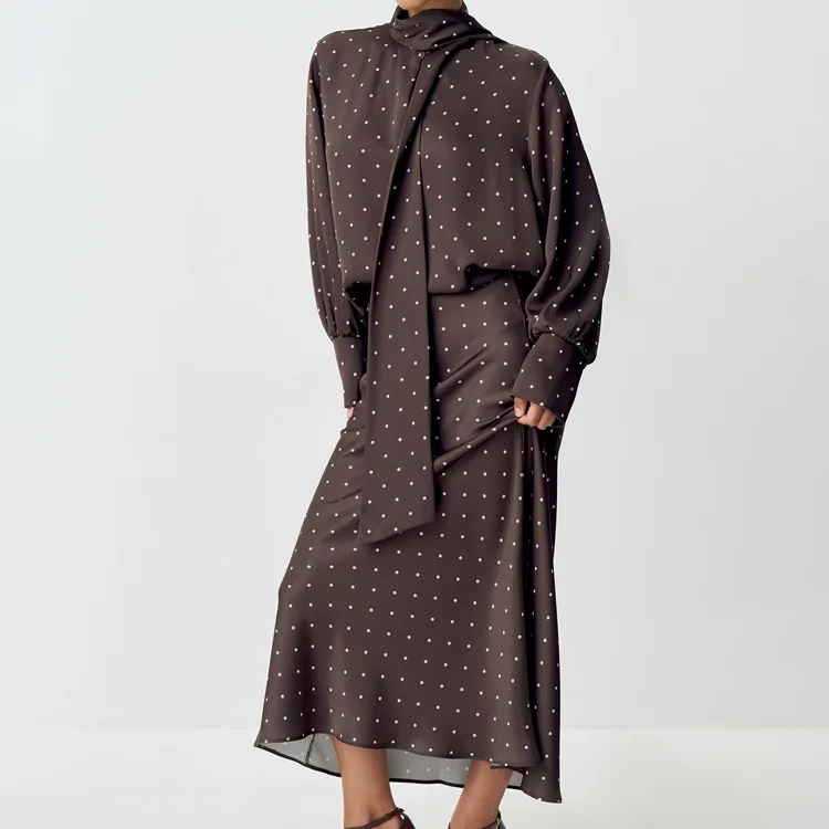Two Piece Skirt Set Printed Polka Dot Satin Skirt Set Women's Long Sleeved Lace Up Shirt+high WAIST Midi Skirt Set