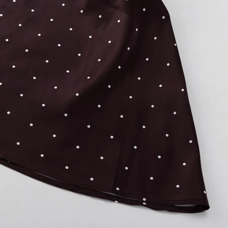Two Piece Skirt Set Printed Polka Dot Satin Skirt Set Women's Long Sleeved Lace Up Shirt+high WAIST Midi Skirt Set