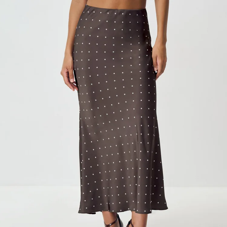 Two Piece Skirt Set Printed Polka Dot Satin Skirt Set Women's Long Sleeved Lace Up Shirt+high WAIST Midi Skirt Set