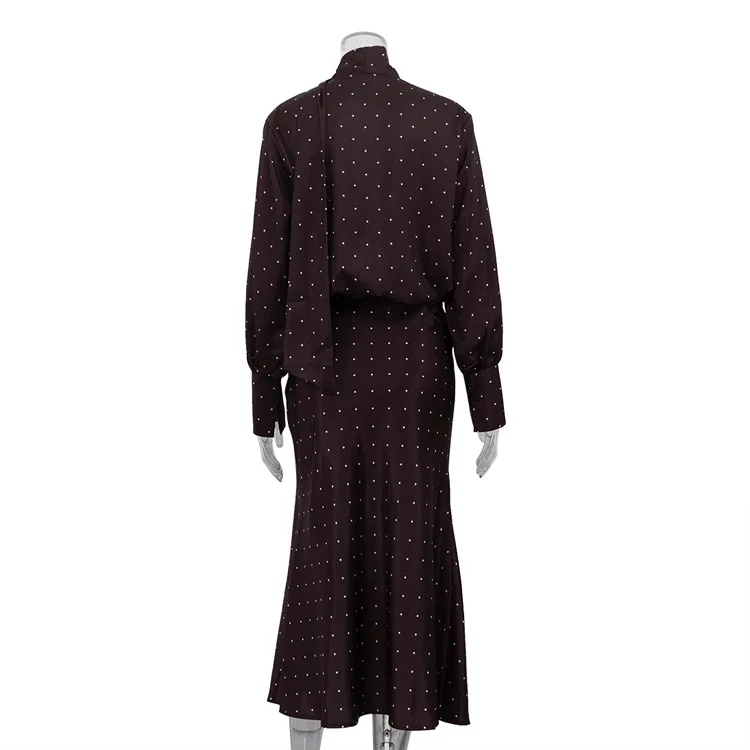 Two Piece Skirt Set Printed Polka Dot Satin Skirt Set Women's Long Sleeved Lace Up Shirt+high WAIST Midi Skirt Set