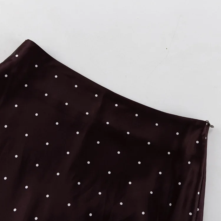 Two Piece Skirt Set Printed Polka Dot Satin Skirt Set Women's Long Sleeved Lace Up Shirt+high WAIST Midi Skirt Set