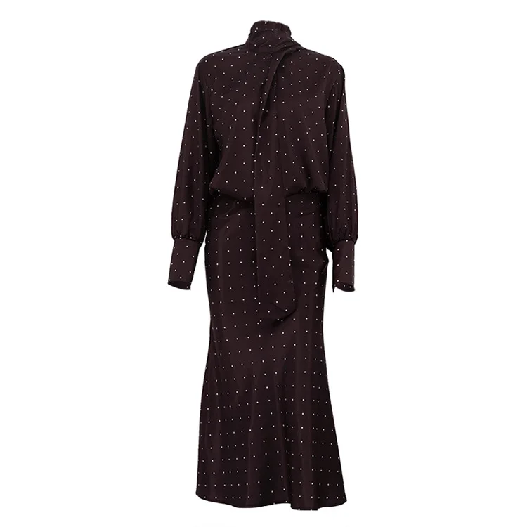 Two Piece Skirt Set Printed Polka Dot Satin Skirt Set Women's Long Sleeved Lace Up Shirt+high WAIST Midi Skirt Set