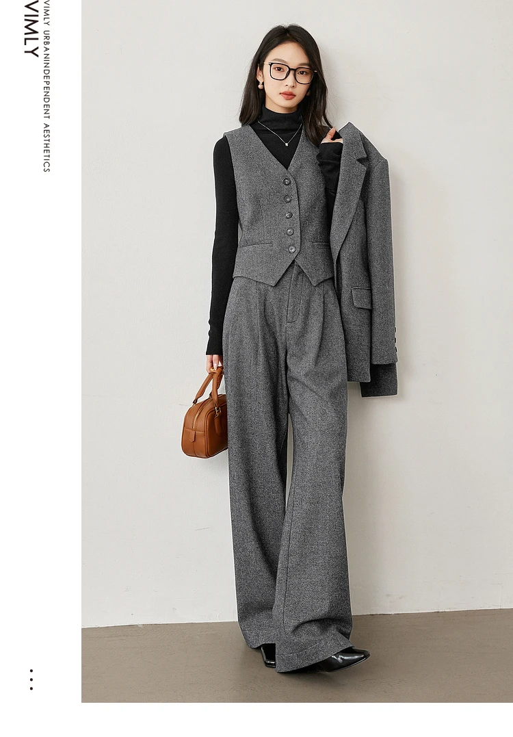 VIMLY Women's Simple 2026 Spring Business Blazer Versatile Suit V-Neck Short Jackets+Vest+Pants Commuter Elegant Pants 3pcs Set