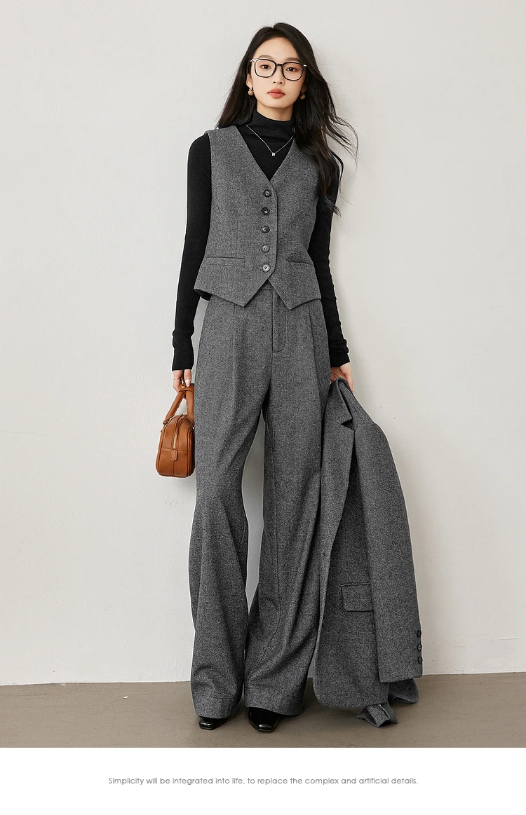 VIMLY Women's Simple 2026 Spring Business Blazer Versatile Suit V-Neck Short Jackets+Vest+Pants Commuter Elegant Pants 3pcs Set
