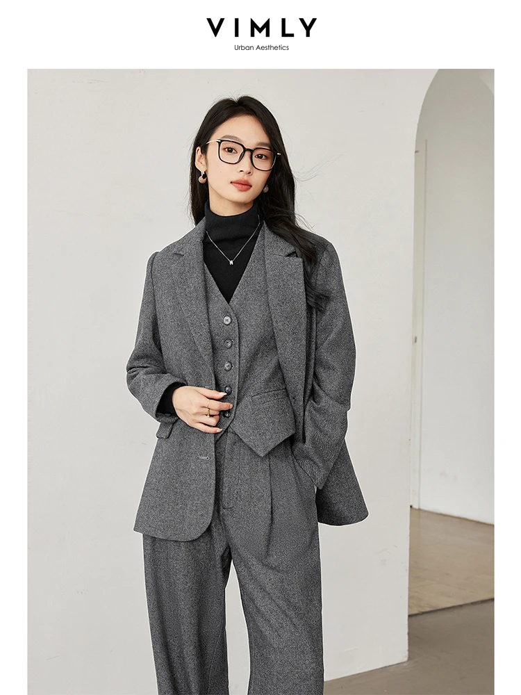 VIMLY Women's Simple 2026 Spring Business Blazer Versatile Suit V-Neck Short Jackets+Vest+Pants Commuter Elegant Pants 3pcs Set