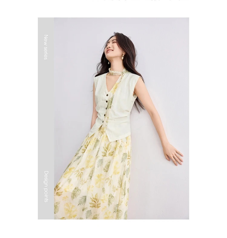 SENTUBILA Elegant Skirt Holiday Set Woman 2 Pieces V-neck Waistcoat Printing Midi Pockets Skirts Ladies Two Piece Sets W52ZA2256