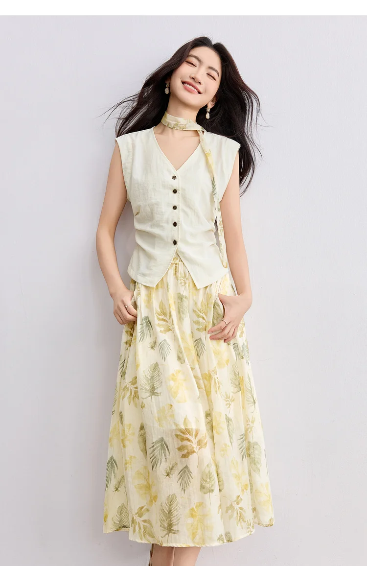 SENTUBILA Elegant Skirt Holiday Set Woman 2 Pieces V-neck Waistcoat Printing Midi Pockets Skirts Ladies Two Piece Sets W52ZA2256