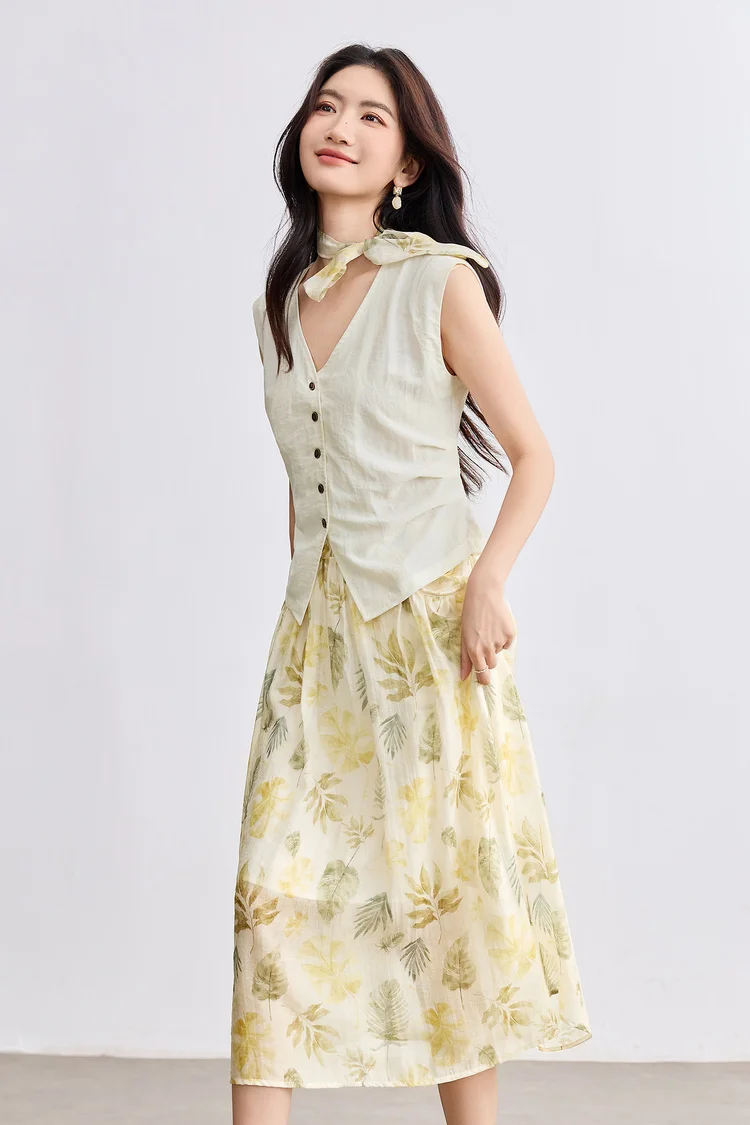 SENTUBILA Elegant Skirt Holiday Set Woman 2 Pieces V-neck Waistcoat Printing Midi Pockets Skirts Ladies Two Piece Sets W52ZA2256