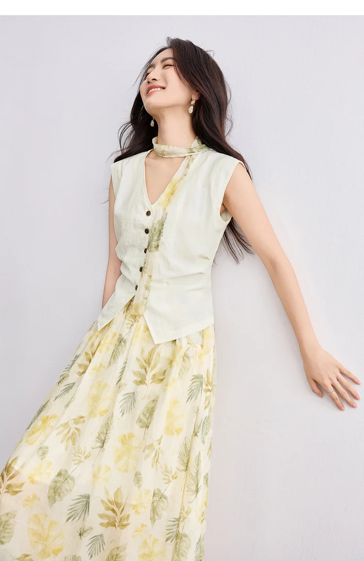 SENTUBILA Elegant Skirt Holiday Set Woman 2 Pieces V-neck Waistcoat Printing Midi Pockets Skirts Ladies Two Piece Sets W52ZA2256