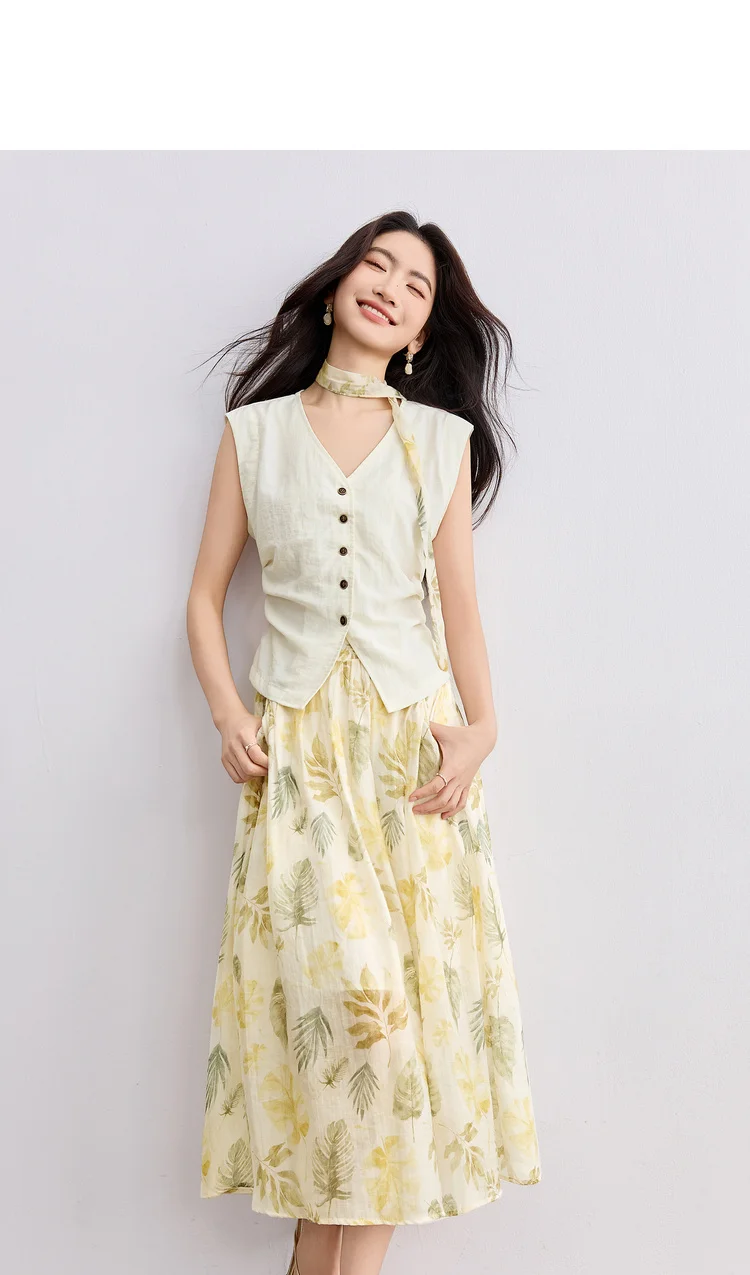 SENTUBILA Elegant Skirt Holiday Set Woman 2 Pieces V-neck Waistcoat Printing Midi Pockets Skirts Ladies Two Piece Sets W52ZA2256