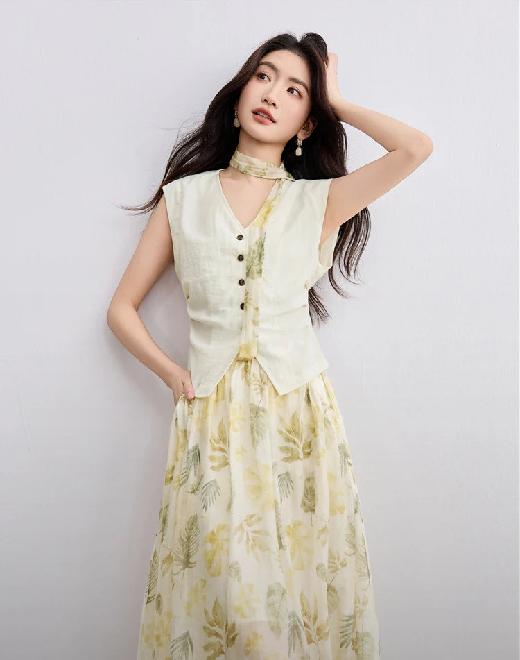 SENTUBILA Elegant Skirt Holiday Set Woman 2 Pieces V-neck Waistcoat Printing Midi Pockets Skirts Ladies Two Piece Sets W52ZA2256