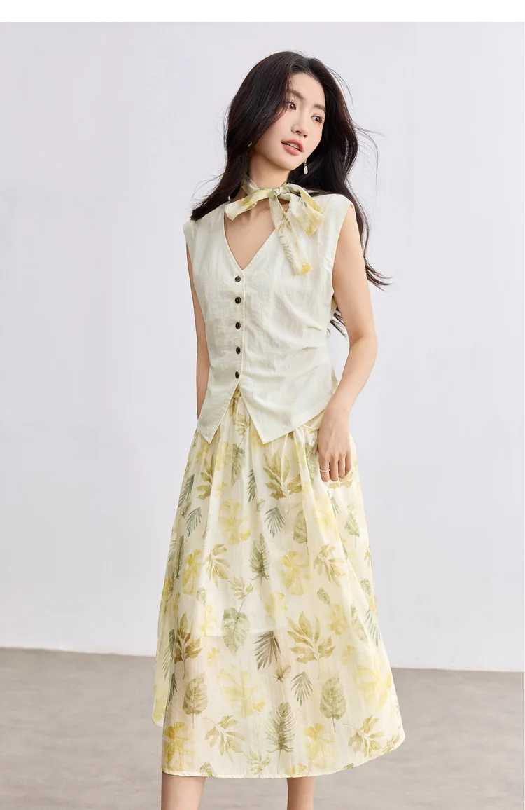 SENTUBILA Elegant Skirt Holiday Set Woman 2 Pieces V-neck Waistcoat Printing Midi Pockets Skirts Ladies Two Piece Sets W52ZA2256
