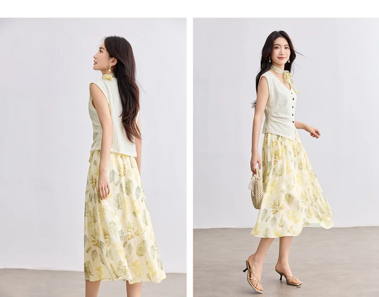 SENTUBILA Elegant Skirt Holiday Set Woman 2 Pieces V-neck Waistcoat Printing Midi Pockets Skirts Ladies Two Piece Sets W52ZA2256