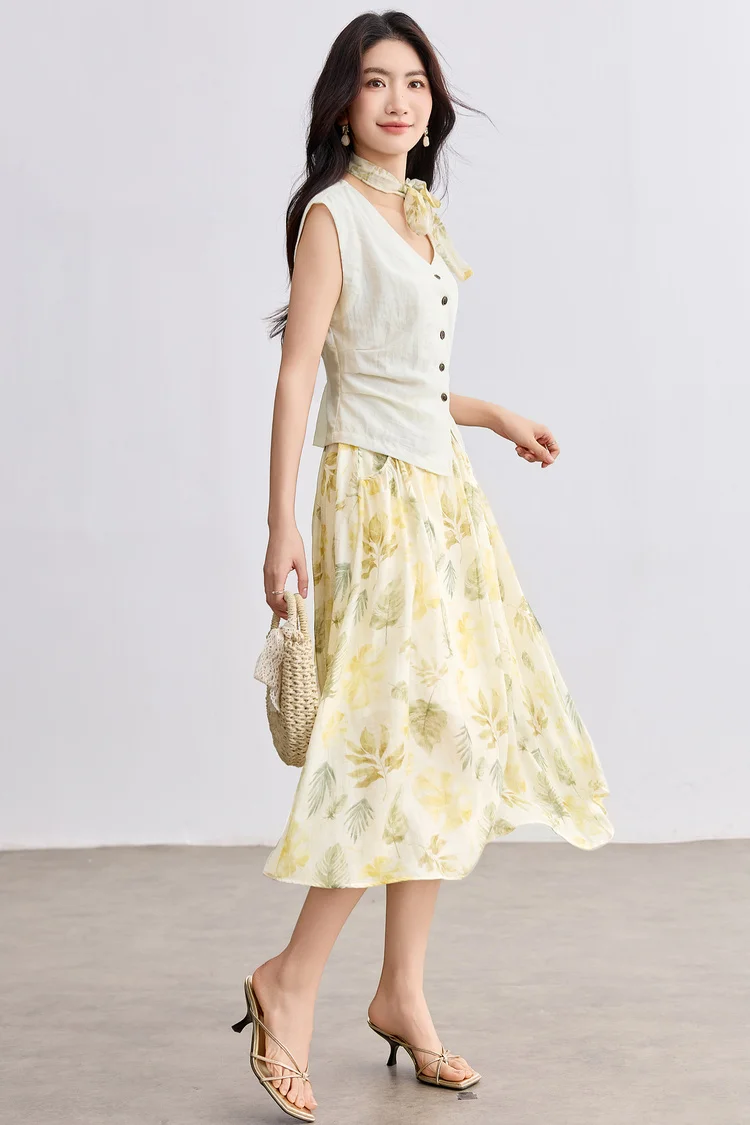 SENTUBILA Elegant Skirt Holiday Set Woman 2 Pieces V-neck Waistcoat Printing Midi Pockets Skirts Ladies Two Piece Sets W52ZA2256